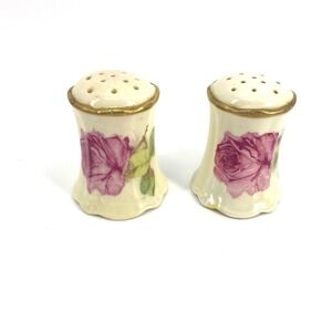 Vintage G.E.B. Royal Austria Rose Floral Salt Pepper Shakers Set Gold Trim